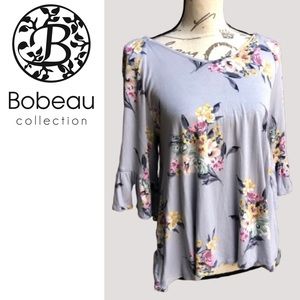 Bobeau V Neck Floral Flutter Sleeve Blouse
